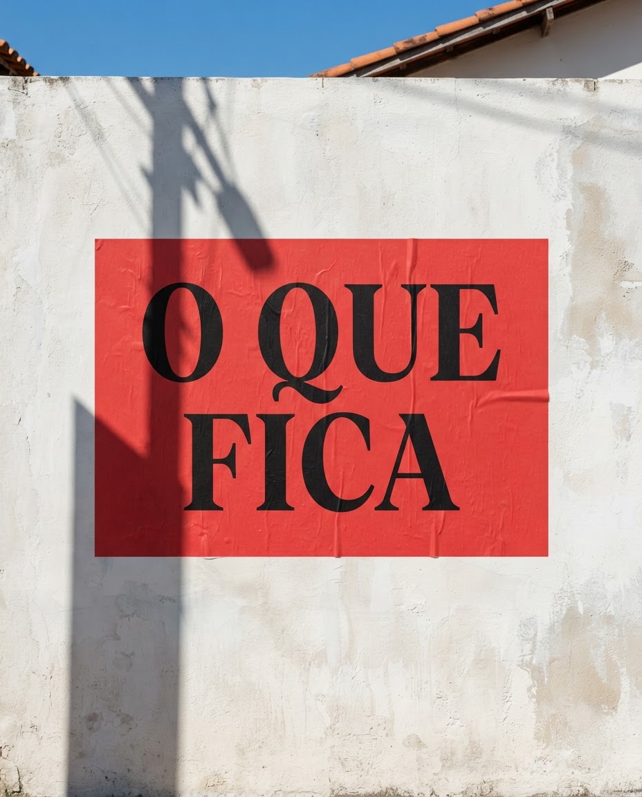 Cartaz escarlate colado em parede de cal, sombra dura de um poste